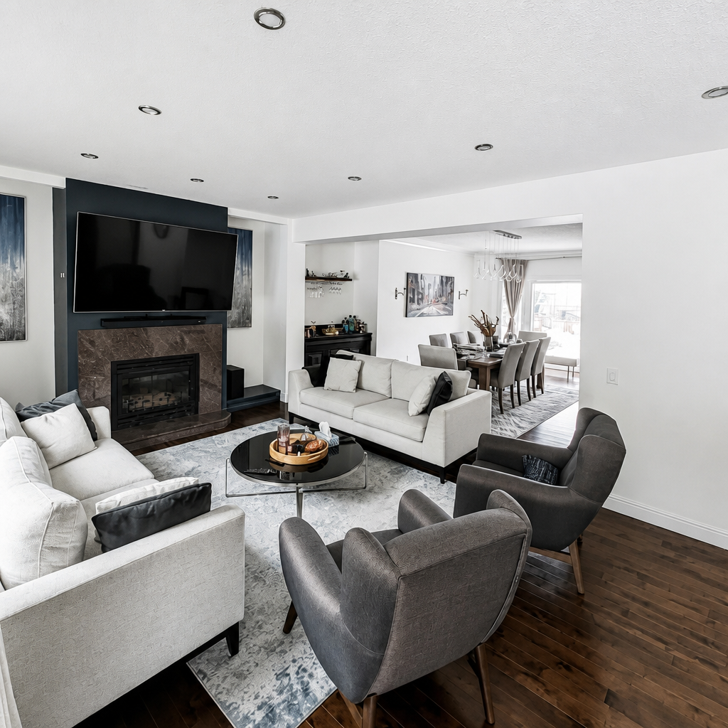 Calgary home renovation living room with a fireplace and warm wood flooring.